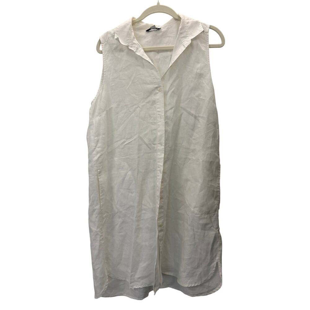 Pure Navy Dress L White 100% Linen Pockets Lagenlook Casual Beachy Shirtdress